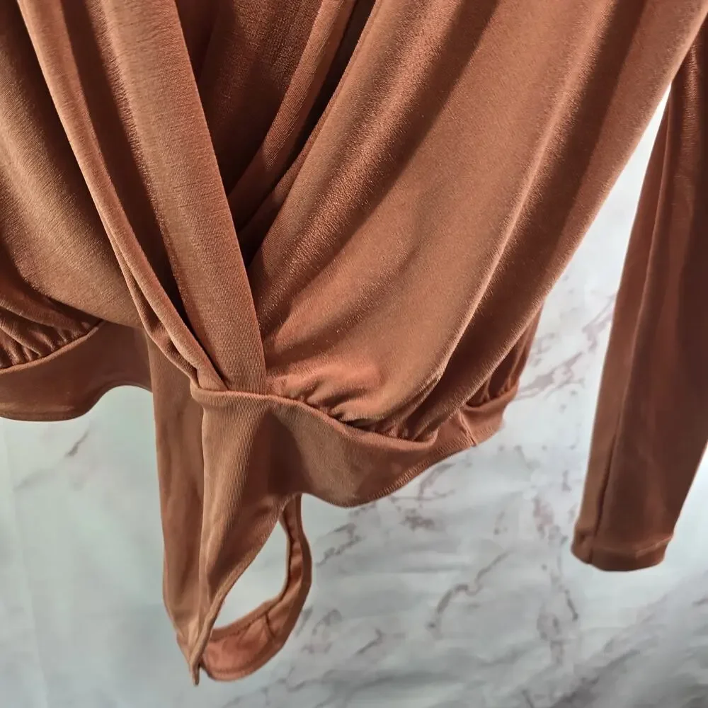 Free People Bodysuit Womens Large Peach Turnt Long Sleeve V Neck Thong Ginger